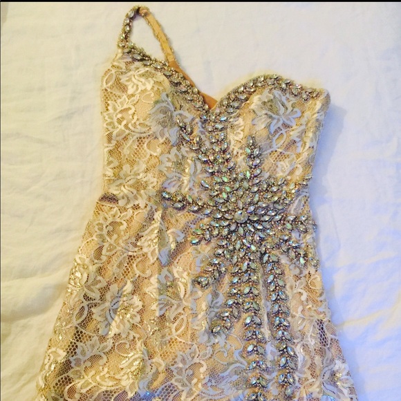 Terani Couture Crystal Nude Lace Formal Dress - Picture 2 of 5